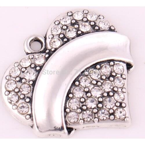 Heart DIY Jewelry Any name can be carved 20pcs a lot antique silver plated Crystal Hearts Pendant Smooth carving