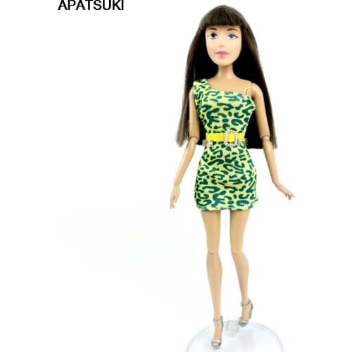 Green Leopard Party Dress for Barbie Doll Clothes One Shoulder Evening Silm Outfit One-Piece Dresses for 1/6 Doll Kid Toy
