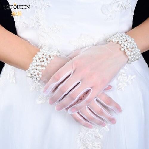 TOPQUEEN M01 Bride Gloves Pearl Ladies Gloves Dinner Prom Stage Elegant Lady White Lace Pearl Bridal Gloves Wedding Finger