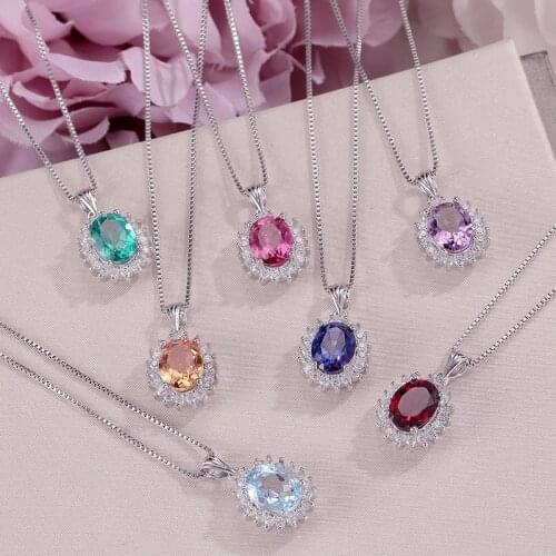 Natural Gemstone Pendants Necklaces For Women Fine Jewelry 925 Silver Colorful Oval Necklace White Gold Plated Accessory CCN013