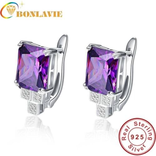 Elegant 8.15g Purple Piercing Earrings Clip Design Women Amethyst Stone Ear Studs Silver 925 Bridal Wedding Party Jewelry