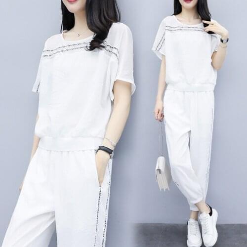 2 piece outfits for women summer short-sleeved casual sports suit womens new loose fashion casual pants two-piece suit