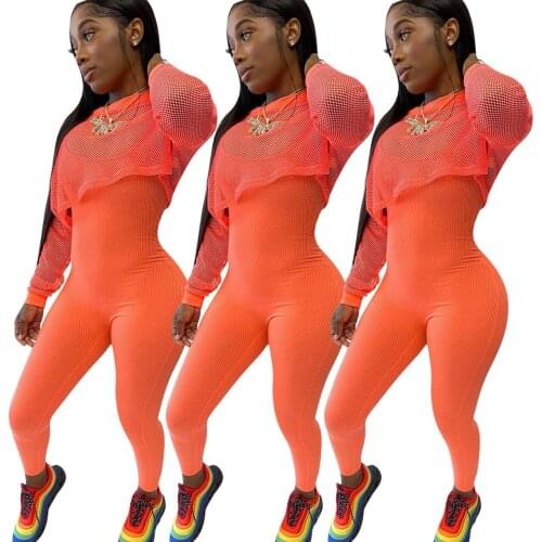 8.88 Sale Orange Women Two Pieces Sets Autumn Long Sleeves Mesh Top and Jumpsuits Skinny Sport Rompers Outfits