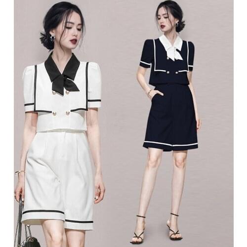 2021 Summer New Navy Style suit Womens Puff Sleeve Double Breasted Short Shirt Top+ High Waist Wide Legs Shorts 2 Piece Suit
