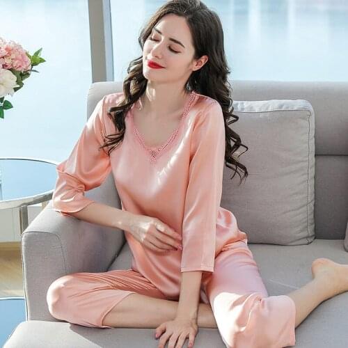 100% Silk pajamas set women autumn winter sleepwear set spring women Silk pyjama set summer pygama female pejama