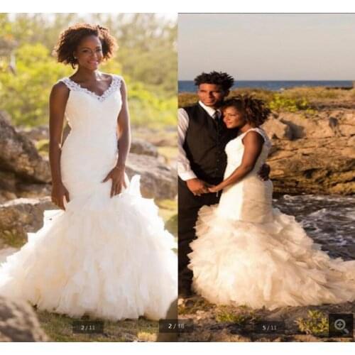 V-Neck Lace Mermaid Wedding Dresses 2021 Sexy pleated Ruffles Organza Wedding Gowns African court train Bridal Gown vestido