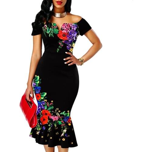 Elegant Sexy Off Shoulder Floral Print Evening Party Dress Women Summer Plus Szie Slim Ruffles Office Bodycon Mermaid Dresses