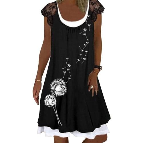 Women Vintage Sexy Sleeveless Midi Dresses Lace Patchwork Dandelion Print Loose Plus Size Summer Dress Vestidos