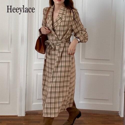 Autumn Winter Vintage Plaid Printed Women Dresses Long Sleeve Double Breasted Blazer Collar Lace Up Midi Dresses Ladies