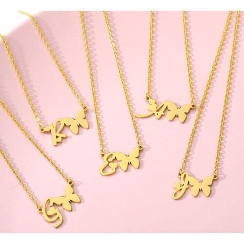 2020 A-Z Letter Butterfly Necklace Women Heart Initial Stainless Steel Choker Necklace Christmas Jewelry Gift Pendant Necklaces