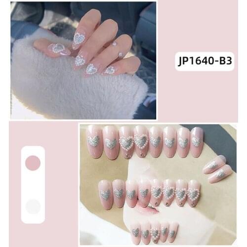 24pcs Fake Nails With Design Love Pearl Inlay Nail Patch Flesh Pink Glue Type Long Paragraph Round Head Artificial Manicures