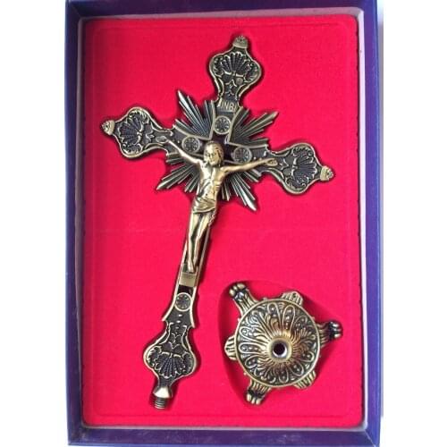 Decoración antigua hecha a mano tallado de plata Miao Jesús en la cruz exfoliar estatua grande artesanía de metal