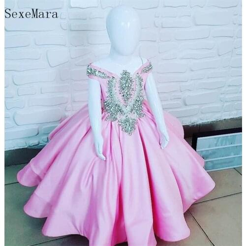 Baby Girls Birthday Dresses Pink Satin Silver Crystals Beads Kids Little Girls Clothes Wedding Flower Girl Dress