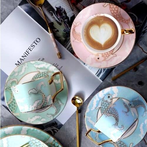 Ceramic Coffee Cup Saucer Set Pink Blue Green Light Luxury Flower Tea Cup Saucer Spoon Household Office Use for tea