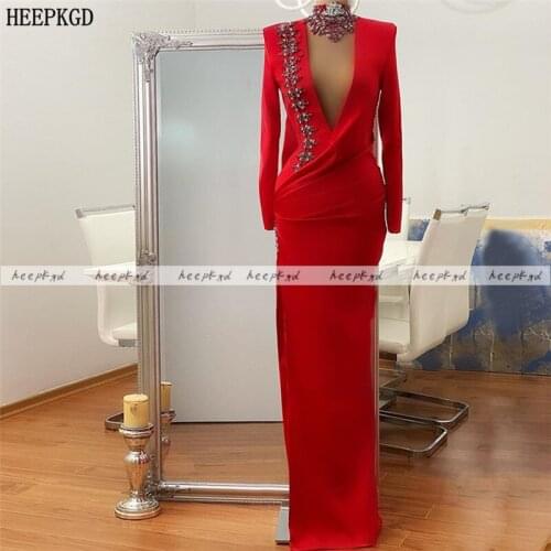 Long Sleeves Red Arabic Evening Dress High Slit Exposed Neck Chic Crystal Formal Dresses Plus Size Women Prom Gowns Robe Soiree
