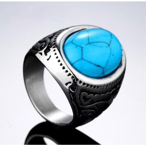 MIQIAO Stainless Steel Titanium Blue Stone Turquoise Retro Carved Vintage Boho Rings for Men Women Couple Friends Gift Jewelry