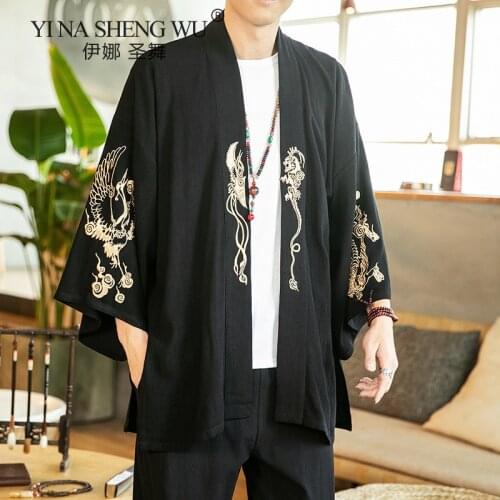 For Men Fashion Costume Embroidery Hanfu Top Men Chinese Style Linen Robe Cardigan Jacket Oversized Kimono 5XL Autumn Coat Male