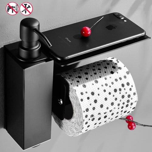 Bathroom Liquid Soap Dispenser 304 Stainless Steel Matt Black Wall-Mounted Hotel Shampoo Shower Gel Bottle With Paper Holder