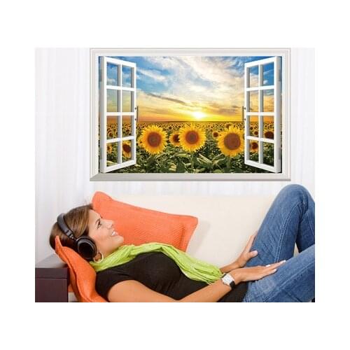 2016 New 3D Wall Art Sunflower Flower Modern Home Decal Wall Sticker False Window Scenery Wall Decor Stickers Kids Rooms Poster