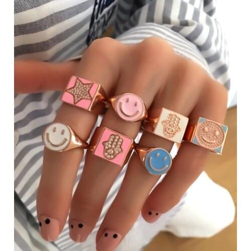 2021 New Lovely Colorful Smile Face Love Heart Star Hand Paved Cz Band Rings for Women girl Cute Geometric Square finger Jewelry