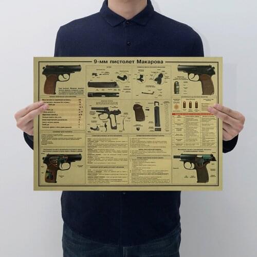 New 9 MM Pistol Weapon Design Figure Kraft Paper Bar Poster Retro Poster Living Room Stickers Decorative Painting 50.5x35cm