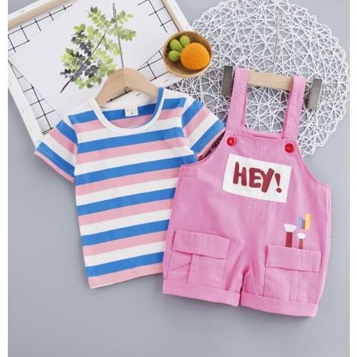 2Pcs Toddler Girls Clothes Summer Set Short Sleeve Striped T-Shirt + Print Pink Suspender Shorts Set