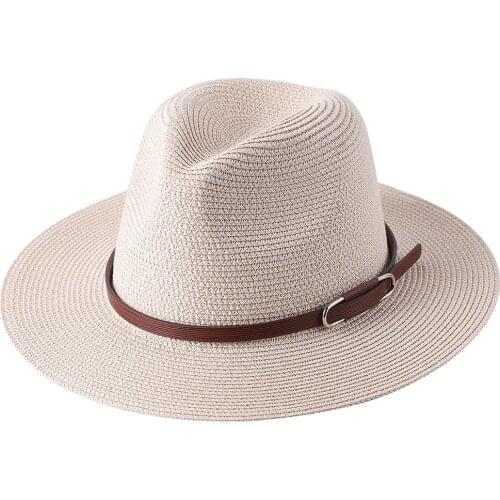 Wide brim Panama straw hat summer ladies outdoor sun shade hat white belt woven hat jazz top hat