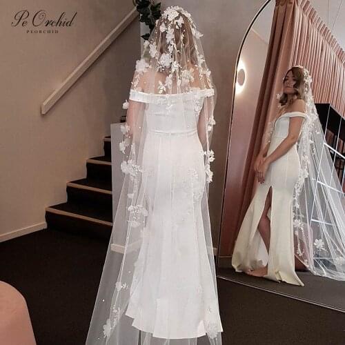 PEORCHID 2021 Vintage Long Bridal Lace Veil Applique 3 m Accesorios Para Novia Ivory White Wedding Veil With Flowers