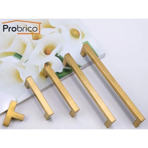Probrico Golden Brass Kitchen Cabinet Handles Modern Dresser Pulls Door Handles and Knobs 12mm Square Furniture Handles Hardware