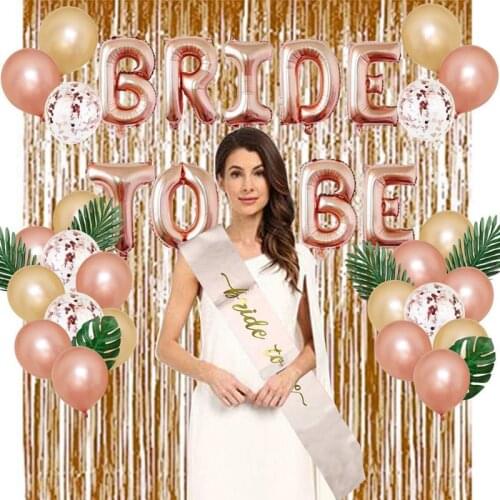 Bride To Be bachelorette party set Sash rose gold confetti Latex foil Balloons tablecover foil tinel fringe curtain background