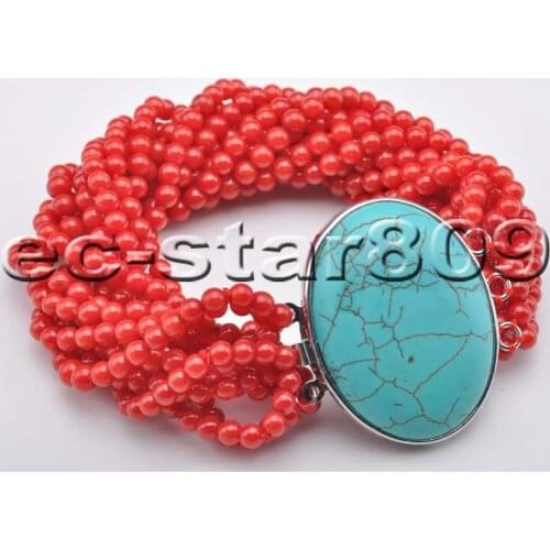 S2201 12Row 8" 4mm Red round Coral bead Bracelet Turquoise