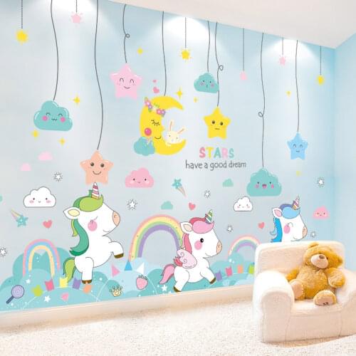 [SHIJUEHEZI] Unicorn Animals Wall Stickers DIY Stars Clouds Hangings Mural Decals for Kids Room Baby Bedroom Home Decoration