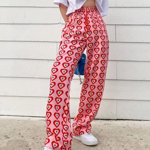 Heart Printed Drawstring High Waist Loose Thin Straight Jogger Pants Female Summer Long Pants