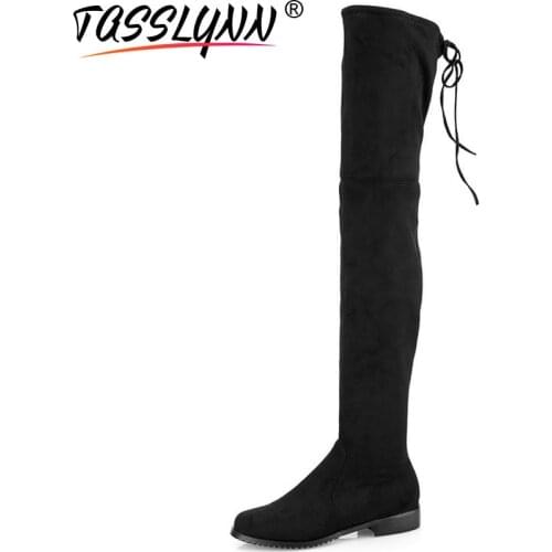 TASSLYNN 2018 Women Boots Fashion Over The Knee High Lace Up Flock Boots Casual Square Low Heels Roud Toe Women Shoes Size 34-43