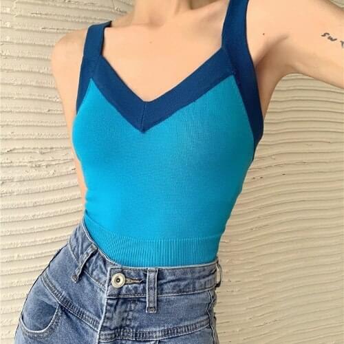 V collar knitted port wind vest top net red design hottie sling girl summer womens tops Tops SHORT Cotton tank top