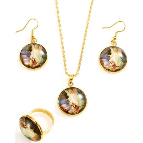 Unisex party cz Cross Pendant earring Set Nation 9k Fine Yellow Gold Virgin Mary religions Jewelry Set Trendy Our Lady