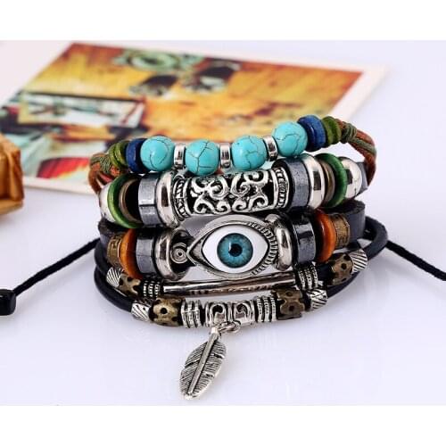 WANGAIYAO new fashion temperament beaded multi-layer blue eye leather bracelet ethnic feather pendant student bracelet holiday g