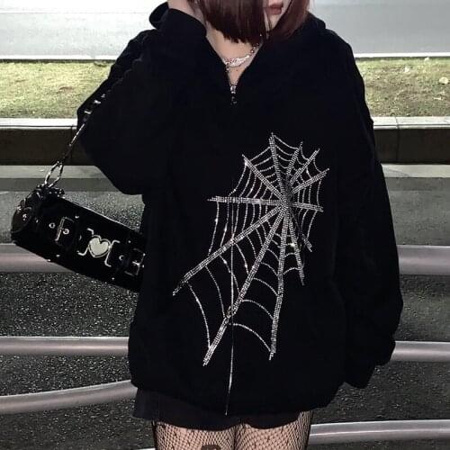 Womens Spider Web Printed Rhinestone Baseball Jacket Black Vintage Harajuku Hooded Jacket 2021 Fall Oversized Coats Streetwear
