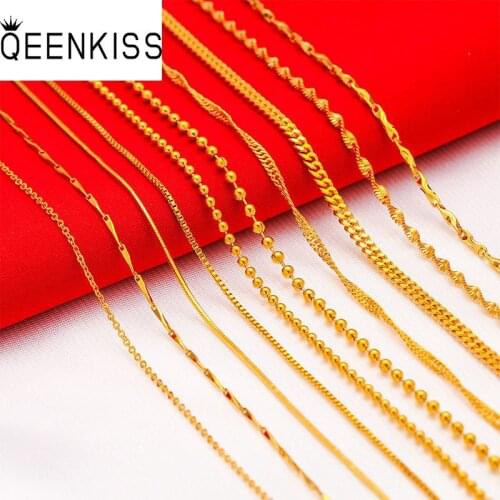 QEENKISS NC501 Fine Jewelry Wholesale Fashion Hot Woman Girl Birthday Wedding Gift Box Cross Wave Bead 24KT Gold Chain Necklace
