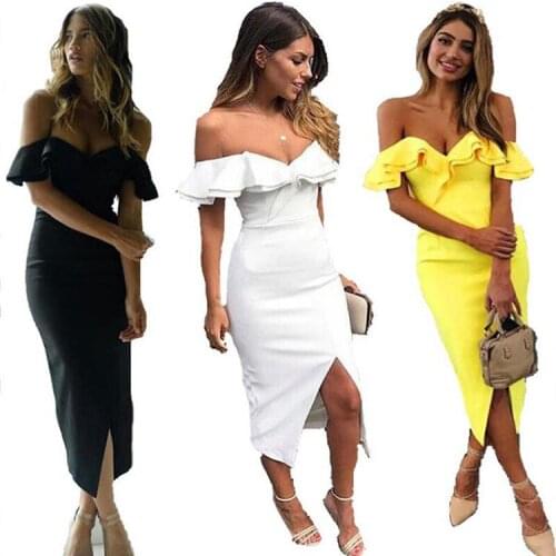 Hot Explosion Word Shoulder Sexy Double Flounce Pack Hip Front Split Dress and Calf Long Ruffled Dress