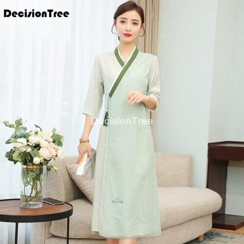 2021 traditional chinese dress for women midi dress half sleeve modern plaid cheongsam oriental qipao vintage flower print