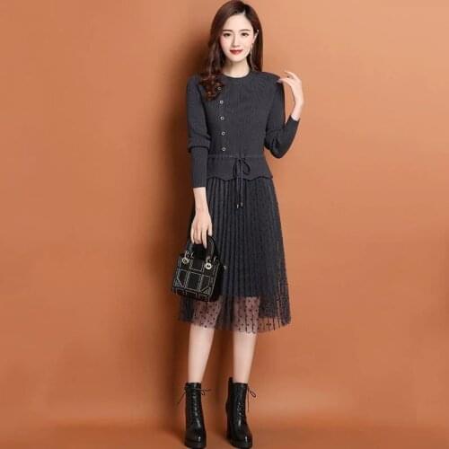 Women 2021 Autumn Winter New Lace Patchwork Knitted Sweater Midi Dress Female Long Sleeve Casual Vintage Dresses Vestidos D159
