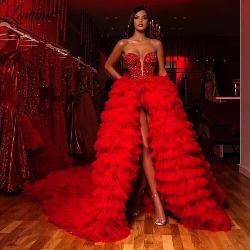 Robe De Soiree Sexy Prom Dresses Red Beaded Long Party Gown 2020 Aibye Tulle Tiered Cloud Evening Dress Kaftans Vestido De Festa