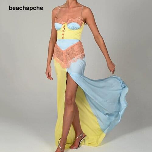 Beachapche High Quality Elegant Fashion Evening Party Dress Yellow Sexy Spaghetti Straps Lace Patchwork Slim Split Floor Length