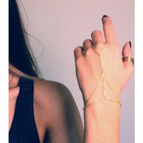 Gold Tone Bracelet Bangle Slave Chain Link Interweave Finger Ring Hand Harness