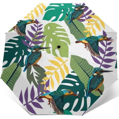 Automatic Umbrella Rain Women Three-folding Tropical Trees Leaves Humming Birds Windproof Umbrella Female Waterproof parasol