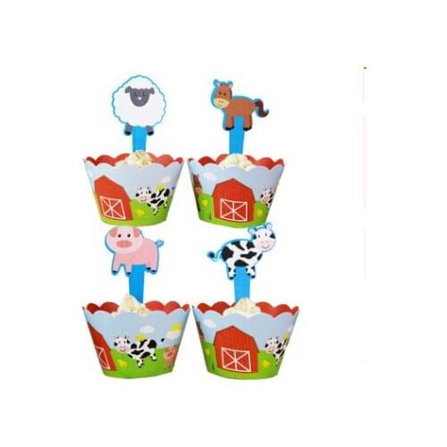24PCS/set Cartoon Lovely Farm animals Chicks cows Cupcake Wrappers Toppers pick Kids Baby Birthday Party Supplies