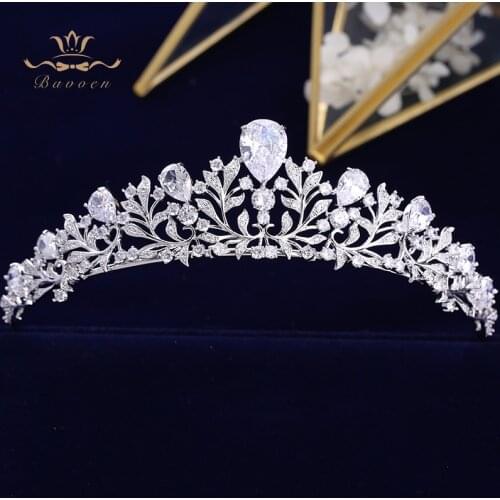 Bavoen Elegant Brides Leaves Tiara Crown Zircon Crystal Hairbands Wedding Hair Accessories Evening Hair Jewelry Top Quality