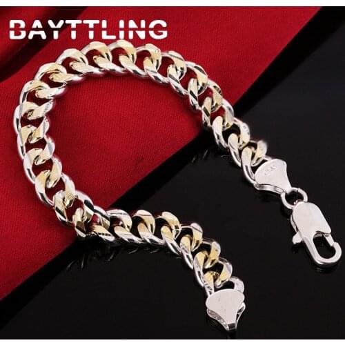 BAYTTLING 925 Sterling Silver 8 Inch Gold Full Side Cuban Chain Bracelet Bangle For Woman Man Fashion Party Wedding Jewelry Gift