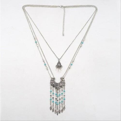 Bohemia Synthetic Stone Alloy Arrow Tassel Pendant Multi Necklaces Ethnic Metal layer Chain Chokers FashionJewelry Colliers